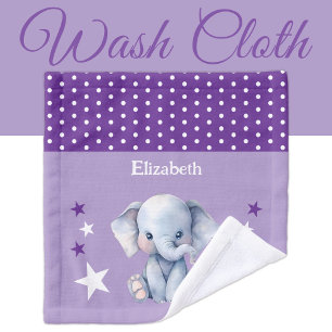 Cute elephant add name polka dots stars purple wash cloth