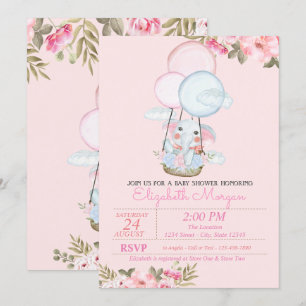 Cute Elephant,Air Balloon Floral Baby Shower Invitation