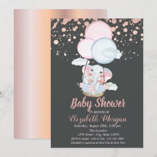 Cute Elephant,Air Balloon,Rose Gold Baby Shower Invitation