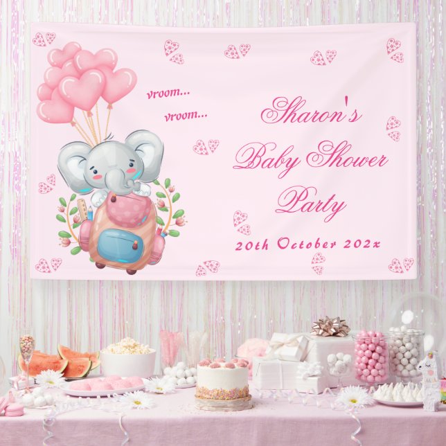 Cute Elephant amd Pink Balloon Baby Shower  Banner (Party)