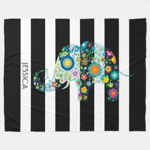 Cute Elephant And Black & White Stripes Fleece Blanket