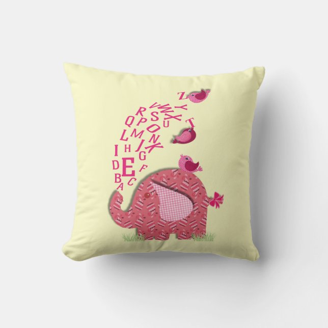 Cute Elephant and Chicks Alphabet Print Throw Pillow (Front)