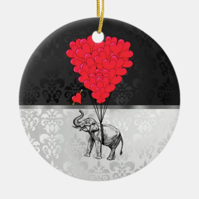 Cute elephant and love heart on grey ceramic ornament (Front)