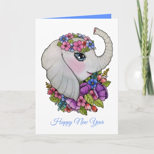 Cute Elephant And Wild Flowers In Watercolor Card (Front)