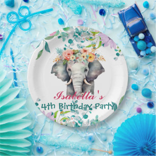 Cute elephant animals jungle Floral Birthday party Paper Plate