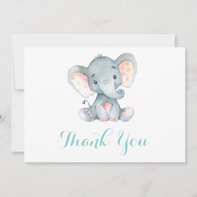 Cute Elephant Baby Aqua Teal Turquoise and Grey Thank You Card (Front)