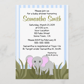 Cute Elephant Baby Blue & Green Shower Invitations