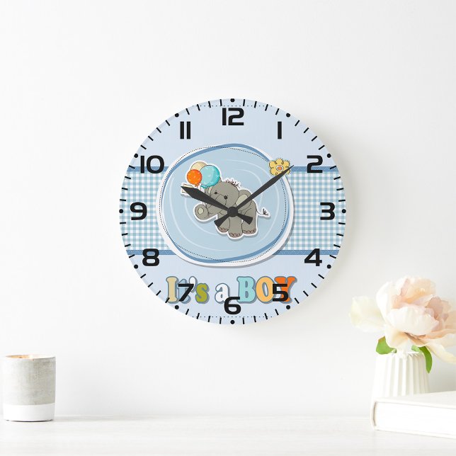 Cute Elephant Baby Boy Announcement  Large Clock (Creator Uploaded)
