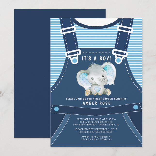 Cute Elephant Baby Boy Baby Shower Invitation (Front/Back)