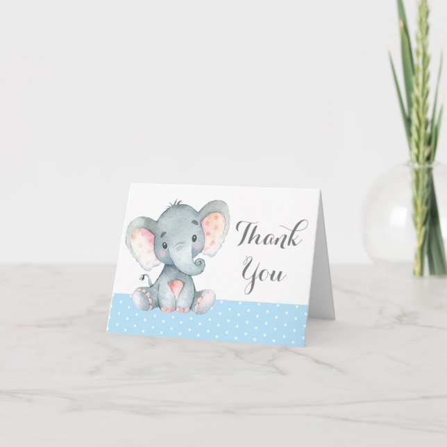Cute Elephant Baby Boy Blue and Grey Thank You Card (Front)