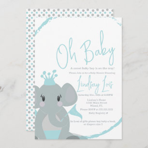 Cute Elephant Baby Boy Elegant Script Baby Shower  Invitation