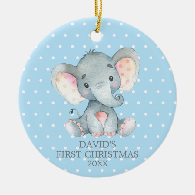 Cute Elephant Baby Boy First Christmas Blue Ceramic Ornament (Front)