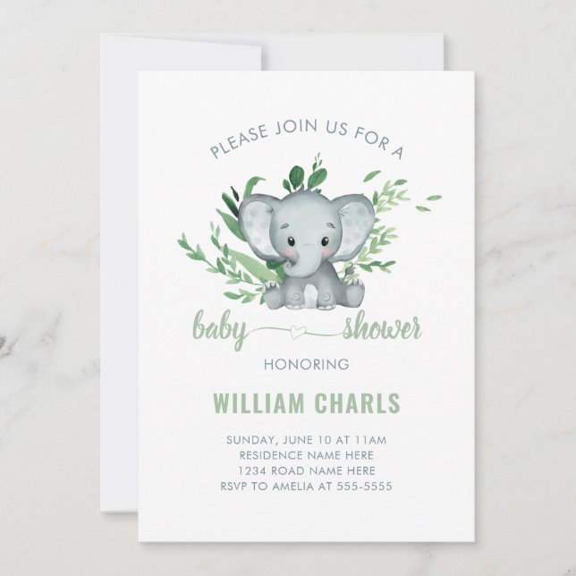 Cute Elephant Baby Boy Greenery Green White Invitation (Front)