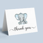 Cute Elephant Baby Boy Shower Thank You Card<br><div class="desc">Cute folded thank you card for your baby boy shower with "thank you" in a stylish soft grey script with swashes and a blue watercolor of baby elephant. Inside,  personalize your thank you message in simple grey topography or leave blank for a handwritten note.</div>