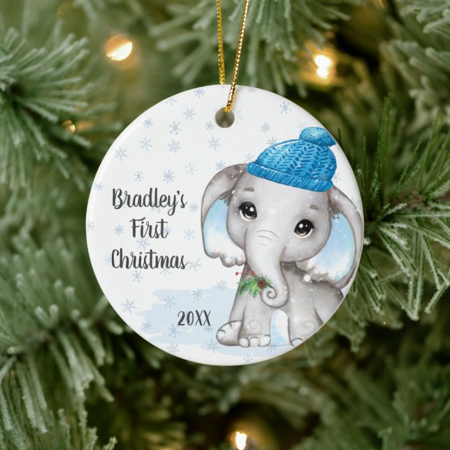 Cute Elephant Baby First Christmas Boy Name Ceramic Ornament (Tree)