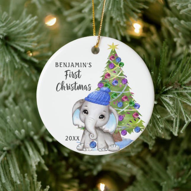 Cute Elephant Baby First Christmas Boy Photo Ceramic Ornament (Tree)