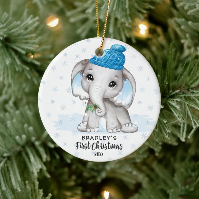 Cute Elephant Baby First Christmas Boy Photo Name Ceramic Ornament (Tree)