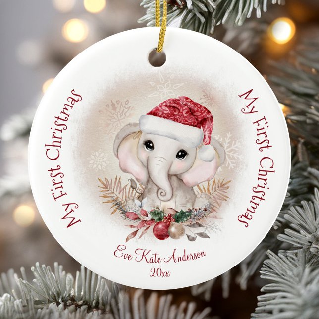 Cute Elephant Baby First Christmas Girl  Ceramic Ornament (Cute Elephant Baby First Christmas Girl Ceramic Ornament)