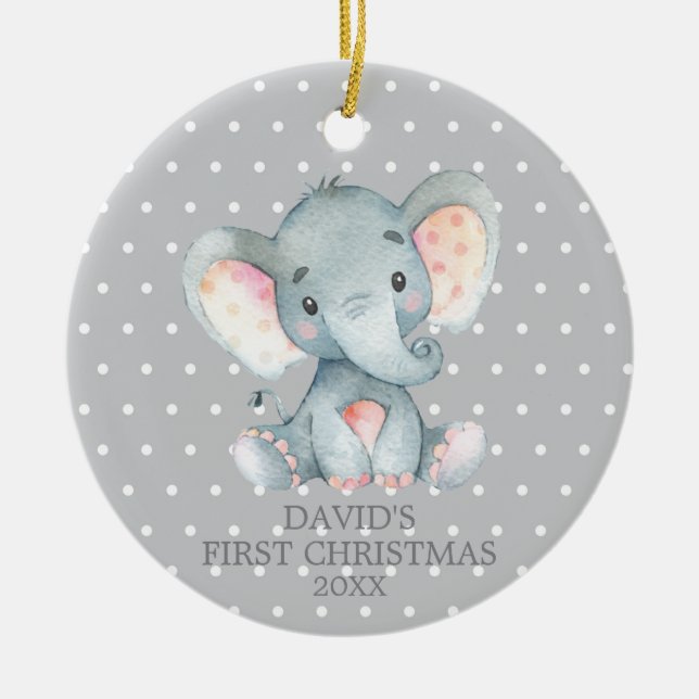 Cute Elephant Baby First Christmas Grey Ceramic Ornament (Front)