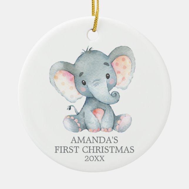Cute Elephant Baby First Christmas Grey Ceramic Ornament (Front)