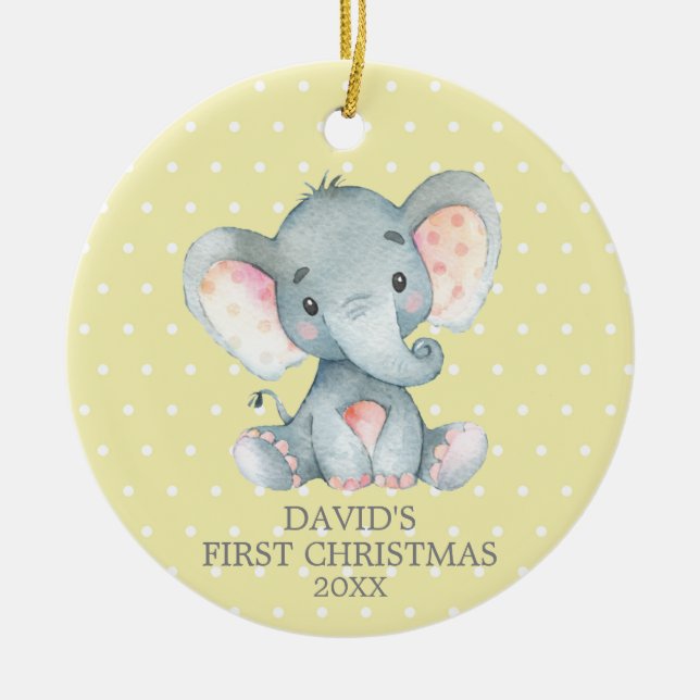 Cute Elephant Baby First Christmas Yellow and Grey Ceramic Ornament (Front)