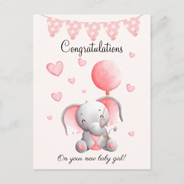 Cute elephant baby girl congratulations card (Front)