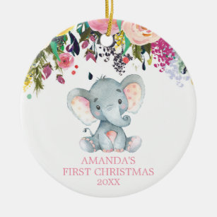Cute Elephant Baby Girl First Christmas Pink Ceramic Ornament
