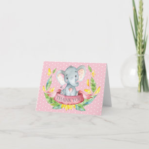 Cute Elephant Baby Girl Pink and Gray Thank You Card