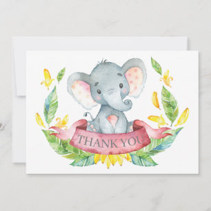 Cute Elephant Baby Girl Pink and Grey Thank You Card