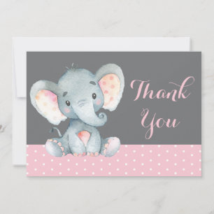 Cute Elephant Baby Girl Pink and Grey Thank You Card