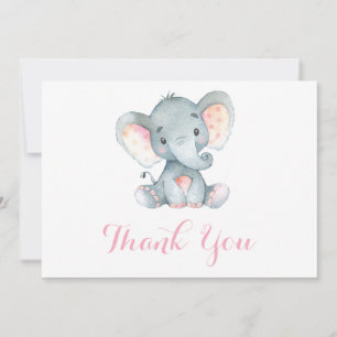 Cute Elephant Baby Girl Pink and Grey Thank You Card