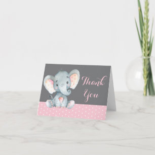 Cute Elephant Baby Girl Pink and Grey Thank You Card