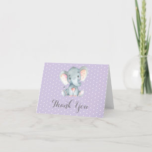 Cute Elephant Baby Girl Purple and Gray Thank You Card