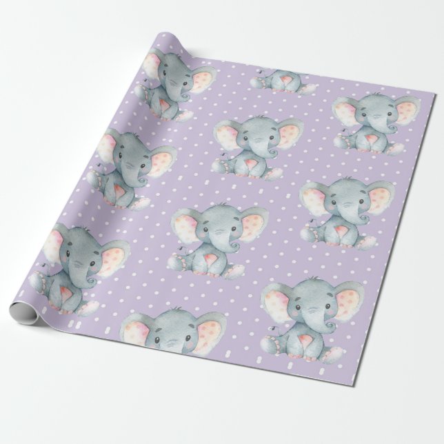 Cute Elephant Baby Girl Purple and Gray Wrapping Paper (Unrolled)