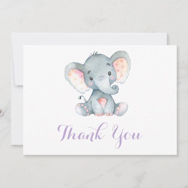 Cute Elephant Baby Girl Purple and Grey Thank You Card (Front)
