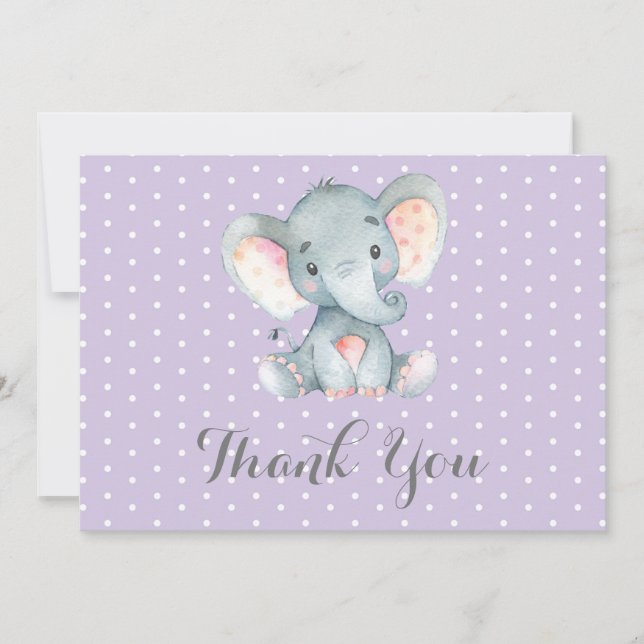 Cute Elephant Baby Girl Purple and Grey Thank You Card (Front)