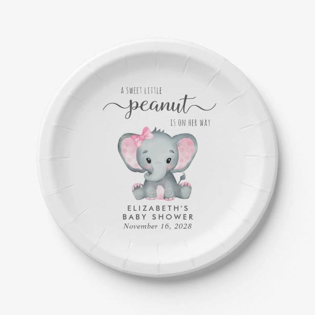 Cute Elephant Baby Girl Shower Paper Plate (Front)