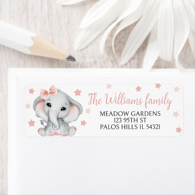 Cute elephant baby girl shower return address (Insitu)