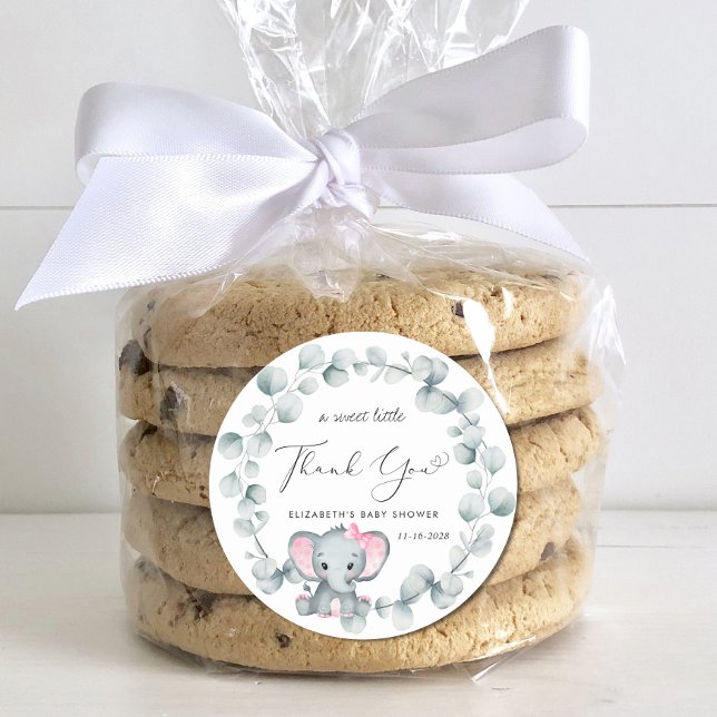 Cute Elephant Baby Girl Shower Thank You Classic Round Sticker (Creator Uploaded)