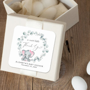 Cute Elephant Baby Girl Shower Thank You Square Sticker