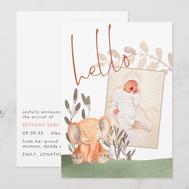 Cute Elephant Baby Photo Birth Announcement (Front/Back)