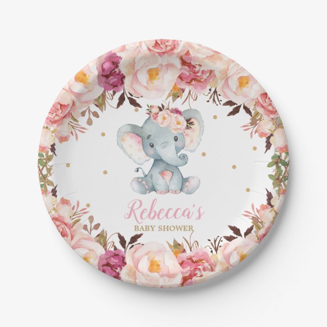 Cute Elephant Baby Shower Blush Floral Dessert 7" Paper Plate (Front)