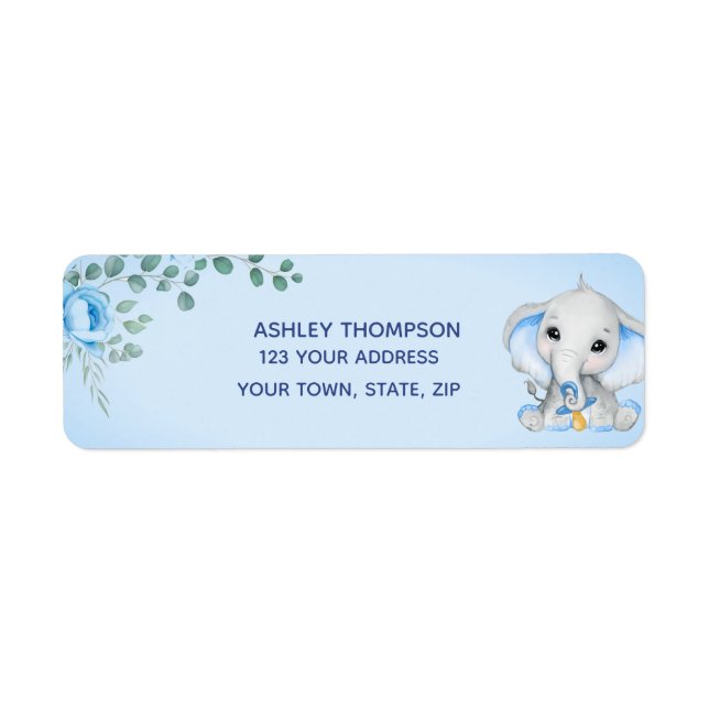 Cute Elephant Baby shower Boy Blue Floral Adresse (Devant)