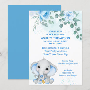 Cute Elephant Baby Shower Boy Blue Floral Invitation