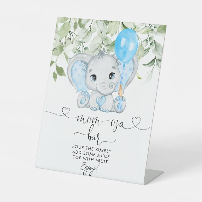 Cute Elephant Baby Shower Boy Mom-osa Bar Pedestal Sign (Front)