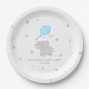 Cute Elephant Baby Shower Boy Paper Plate