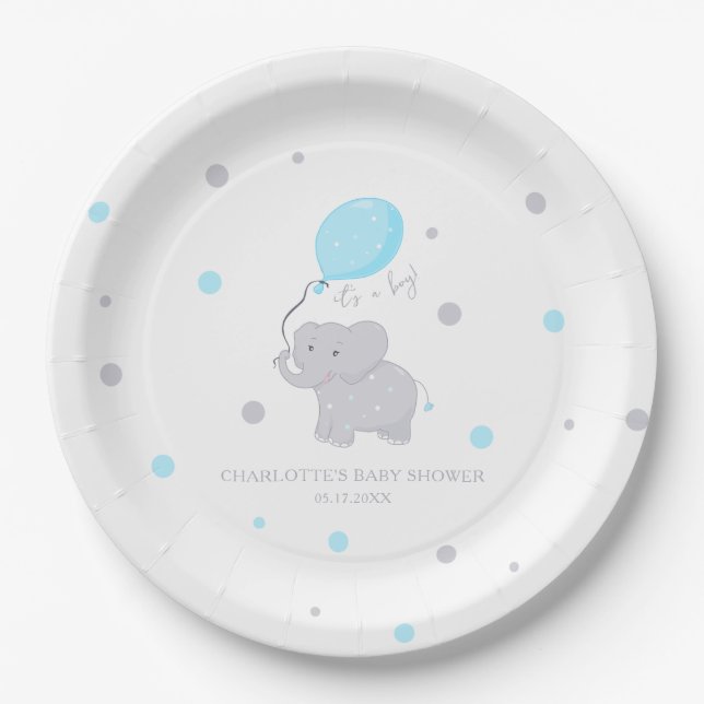 Cute Elephant Baby Shower Boy Paper Plate (Front)