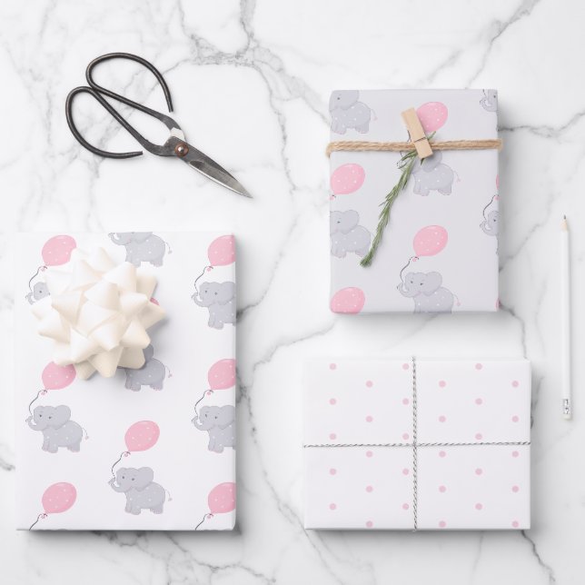 Cute Elephant Baby Shower Girl Wrapping Paper Sheet (Front)