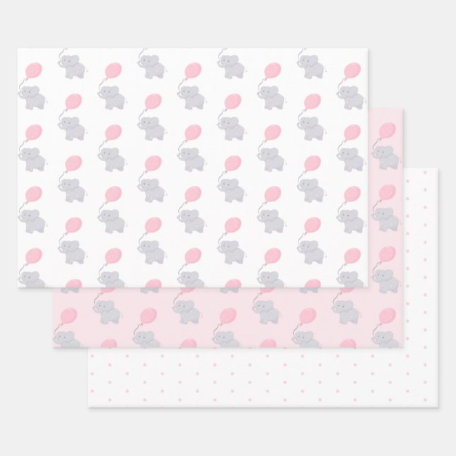 Cute Elephant Baby Shower Girl Wrapping Paper Sheet (Set)