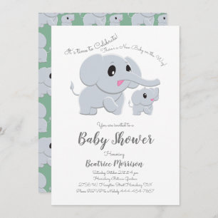 Cute Elephant Baby Shower Green Gender Neutral Invitation